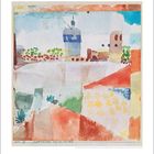 "1019 499 Hammamet mit der Moschee" steht unter einem abstrakten Gemälde mit lebhaften Farben und geometrischen Formen.