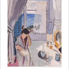 „4“ unten links; „1 2 3 4 ... 30“ in der Mitte. Illustration: Frau liest, Hintergrund Meerblick, Tisch mit Flaschen.