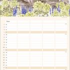 Text: „April“. Zwei freundliche Schweine schauen über einen Zaun. Darunter ein Kalender mit Spalten für jeden Tag.