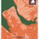 „Liverpool, United Kingdom“, Karte mit orangefarbenen Straßen, grünen Flächen, und kleinem UK-Kartenausschnitt oben rechts.