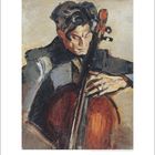 Ein Gemälde zeigt einen konzentrierten Cellisten mit dunklen Haaren, der sein Instrument spielt. Unten links steht "4".