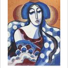 Gemälde von Seifert zeigt abstrakte Frau mit blauem Haar, stilisiert in kräftigen Farben und geschwungenen Formen.