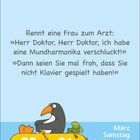 Ein Witz über eine Frau, die eine Mundharmonika verschluckt. Illustration: Ein Pinguin und eine Schildkröte im Boot, "2021".