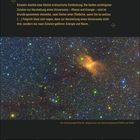 Text über Einsteins Entdeckung von Masse und Energie. Kalender mit Februar-Daten. Darunter ein Sternenhimmel mit Emissionsnebel.