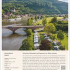 Deutschland, Bayern. Strecke: Aschaffenburg - Wertheim. März-Kalender mit Landschaft: Fluss, Brücke, Campingplatz vor Hügelwald.