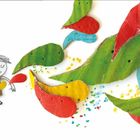 Text: „Farben ...“ Ein skizziertes Mädchen hält bunte Formen aus Pappe, die Farben und Lebendigkeit darstellen.
