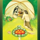 Text: "Schwitzhütte. Reinige dich auf allen Ebenen."  
Illustration: Menschen in einer Schwitzhütte, grüne Natur.