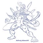 Achtung, Bösewicht! Illustration eines muskulösen Wesens mit geöffnetem Mund und Zunge, umgeben von dynamischen Linien.