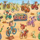 Text: "Super Bikes". Kinder auf fantasievollen Fahrrädern in einer farbenfrohen Illustration, fröhlich und bunt gestaltet.