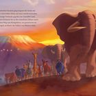 Simba und Nala rennen lachend durch eine Zebraherde auf rotem Boden, umgeben von einem sonnigen Himmel.