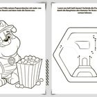 Links: Cartoon-Hund mit Helm neben Popcorn. Rechts: Punkt-zu-Punkt-Spiel, ergibt einen Hammer, verbunden werden 1 bis 11.