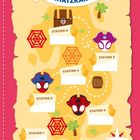 "LIEBE ELTERN" oben mittig, Text über Spidey-Schatzsuche für Kinder mit Materialliste für 7 Stationen. Spiderman-Illustration links unten.