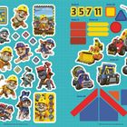 "Bautastisch", bunte Hunde in Bauarbeiterkleidung, Baugeräte. Zahlen: 3, 5, 7, 11. Seiten: 9, 11, 19, 23, 26, 27, 29, 32, 35.