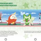 TRAINING MIT FLUGKAPITÄN PIKACHU. Zwei Zeichentrickfiguren koordinieren sich mit ihren Pokémon auf einem Feld.