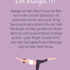 Überschrift "Der Krieger III". Text beschreibt Yoga-Übung: Standpose, ein Bein nach hinten, Arme nach vorne strecken. Illustration zeigt Pose.