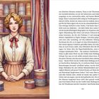 Textseite auf der rechten Seite mit einer Illustration links. Eine Frau steht in einem Geschäft mit Bändern vor Regalen.