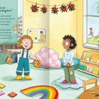 Text oben links: "Liest du mich im Kindergarten?" Zwei fröhliche Kinder in einem Raum mit Spielzeug, Ladybug-Dekorationen.