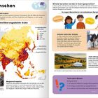 „Menschen“, „Bevölkerungsdichte: Asien“, Karte mit Farbskala, „Megametropolen“, Bilder von Schülern und Nomaden, „Teste dein Wissen“.