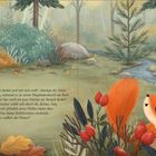 Text: „Der Winter ist dunkel und kalt und weiß“, denkt ein Eichhörnchen. Illustration eines Waldes mit Eichhörnchen.