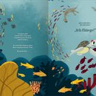 Text: Jacques glitt schwerelos..., Alles schwebte... Illustration: Bunte Fische, Schildkröte, eine Robbe und ein Hund.
