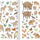Illustration von Wildtieren im Wald: Wölfe, Wildschweine, Eichhörnchen, Vögel, Insekten, Blätter und Pilze.