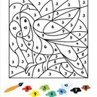 Malvorlage mit Zahlen und zugehörigen Farben unten: 6 (rot), 9 (gelb), 3 (grün), 5 (dunkelgrün), 4 (blau), 10 (hellblau), 7 (schwarz), 8 (braun).