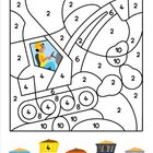 Zahlen 2, 4, 6, 8, 10 kennzeichnen Bereiche. Unten farbige Eimer: blau 2, gelb 4, orange 6, schwarz 8, grau 10. Illustration eines Baggers.