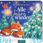 "Ich schenk dir ein Licht. Alle Jahre wieder." Illustration: Fuchs mit zwei Jungen unter geschmücktem Weihnachtsbaum.