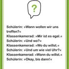 Dialog zwischen Schüler und Klassenkamerad über ein Treffen. Illustration mit grünem Fragezeichen in einer Sprechblase.