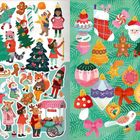 Links oben: bunte Figuren in Winterkleidung. Rechts: weihnachtliche Dekorationen auf grünem Hintergrund.