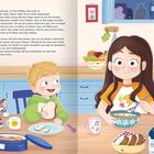Links Text über Frau Zöliakie, rechts Illustration mit drei Kindern in der Küche beim Frühstück, Müsli, Milchpackung.