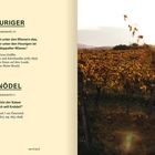 Links stehen die Begriffe "HEURIGER" und "KNÖDEL" mit Zitaten; rechts eine herbstliche Weinlandschaft.