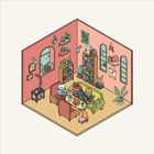 Ein gemütliches Zimmer mit drei Katzen, die auf Sesseln lesen. Regale mit Büchern, Pflanzen und eine gemütliche Atmosphäre.