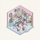 Illustration eines gemütlichen Cafés mit Katzen als Kunden und Personal, rosa Wände und verspielte Details.