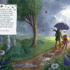 Text: „Auch das gibt es, ich weiß... Du bist nie allein.“ Illustration eines Paares mit Regenschirm auf Weg im Regen.