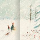 Text: „... in eine andere Welt.“ Zwei Mäuse im Schnee, eine zieht einen Schlitten und hält eine Laterne. Verschneite Bäume.