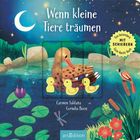 „Wenn kleine Tiere träumen“ und „Mit Schiebern“. Illustration: Enten, Teich, Blumen, Mond und Sterne.