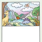 Ein Dinotal mit Wasserfall und Fluss. Verschiedene Dinosaurier und Pflanzen sind abgebildet. Aufgabe: Finde 5 Fehler.