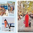 Texte: "Meine Mutter und ich lieben die Atmosphäre am Hafen von Cala Figuera." "Immer wieder ein Erlebnis: der quirlige Wochenmarkt jeden Mittwoch in Andratx." "Auf dem Wasser fühle ich mich pudelwohl, egal ob bei einer Bootstour oder auf dem Surfboard." "Der elegante Passeig des Born, unsere bevorzugte Flaniermeile in Palma." Eine Collage mit Menschen und einem Hund in sommerlicher Umgebung.