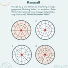 Karussell: Finde entgegengesetzte Wörter in Kreisen. Fehlende Buchstaben nötig. Vier nummerierte Kreise mit Buchstaben.