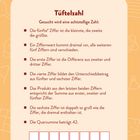 "Tüftelzahl" oben. Darunter Anweisungen zur Ermittlung einer achtstelligen Zahl, gefolgt von leeren Kästchen. Hintergrund orange.