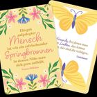 Zwei Karten: Die vordere hat den Text „Ein gut aufgelegter Mensch...“ mit floralen Designs. Die hintere Karte zeigt einen gelben Schmetterling.