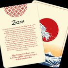 Text: "Zazen", beschreibt eine Meditation im Zen-Buddhismus. Illustration: Rote Sonne, große Welle, Berg im Hintergrund.