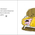 Text: "Nach einem schmackhaften Abendessen [...] ins Bett zu gehen." Illustration: Ein Schwein schläft im Heubett mit Schlafmaske.