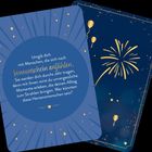 Zwei Karten: Eine hat goldene Buchstaben und sagt "Umgib dich mit Menschen, die sich nach Sonnenschein anfühlen." Die andere zeigt goldene Ballons und ein Feuerwerk.