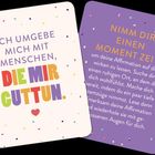 Zwei Karten mit bunten Punkten. Links: "Ich umgebe mich mit Menschen, die mir guttun." Rechts: Tipp zur Affirmation.