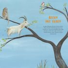 "Reisen mit Tieren" steht in orange. Illustration eines Baumes mit Affe, Ziege und Vogel. Samen fallen vom Affen.