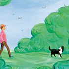 Illustration: Eine Person in pinkem Hemd und Hut geht mit einem Hund an einer Leine durch eine grüne Landschaft.