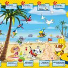 Sechs Fragen fordern auf, Details zu zählen oder Figuren zu finden. Illustration: Strand mit Tieren, Kindern, und Aktivitäten.