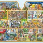 Illustration mit Text: "Allgemein" auf einem Auto. Szenen in Bibliothek, Küche, Klassenzimmer, Werkstatt und Wohnzimmer. Bunt und lebendig.